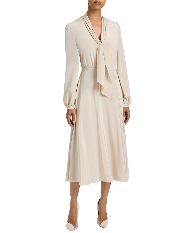 Santorelli Jenn Silk Midi Dress With Drop Neck Tie In White