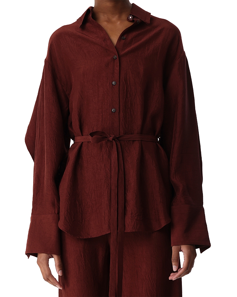Jason Wu Collection Belted Crinkled Satin Oversized Button Up Shirt