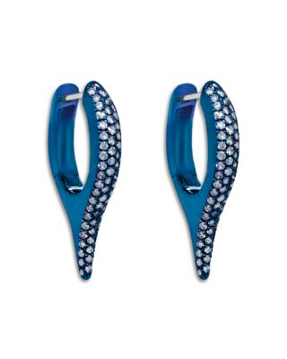 Blue Silver Diamond Elongated Spike Huggie Hoop Earrings