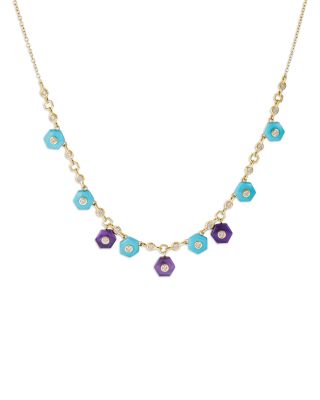 18K Yellow Gold Baia Necklace with White Diamonds, Lapis & Turquoise, 16-18"