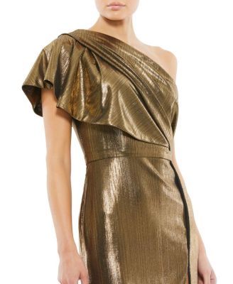Ruffled One Shoulder Metallic Evening Gown