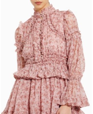 Long Sleeve Open Front High Neck Ruffle Mini Dress