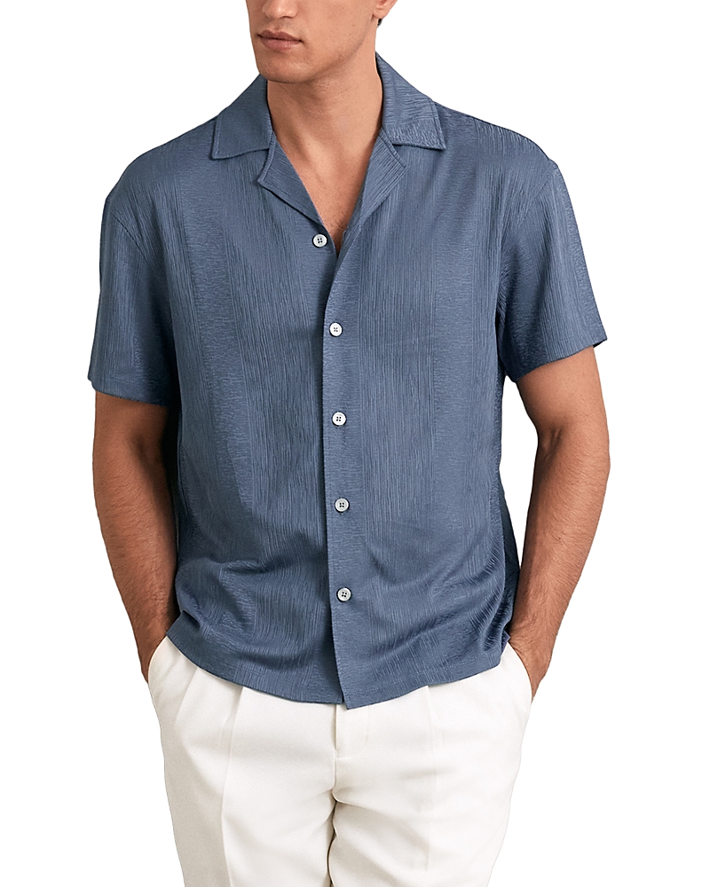 Reiss Stripe Jacquard Regular Fit Button Down Short Sleeve Cuba Shirt In Blue