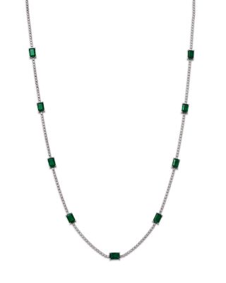 Emerald & Diamond Station Collar Necklace in 14K White Gold, 16-18"