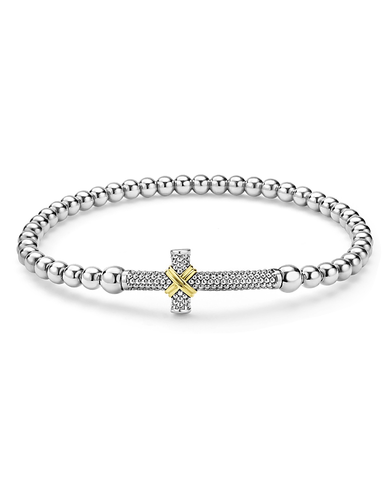 Lagos 18k Yellow Gold & Sterling Silver Signature Caviar East West Cross Beaded Stretch Bracelet In Silver