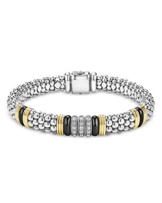 18K Yellow Gold & Sterling Silver Black Caviar Diamond & Black Ceramic Station Bracelet