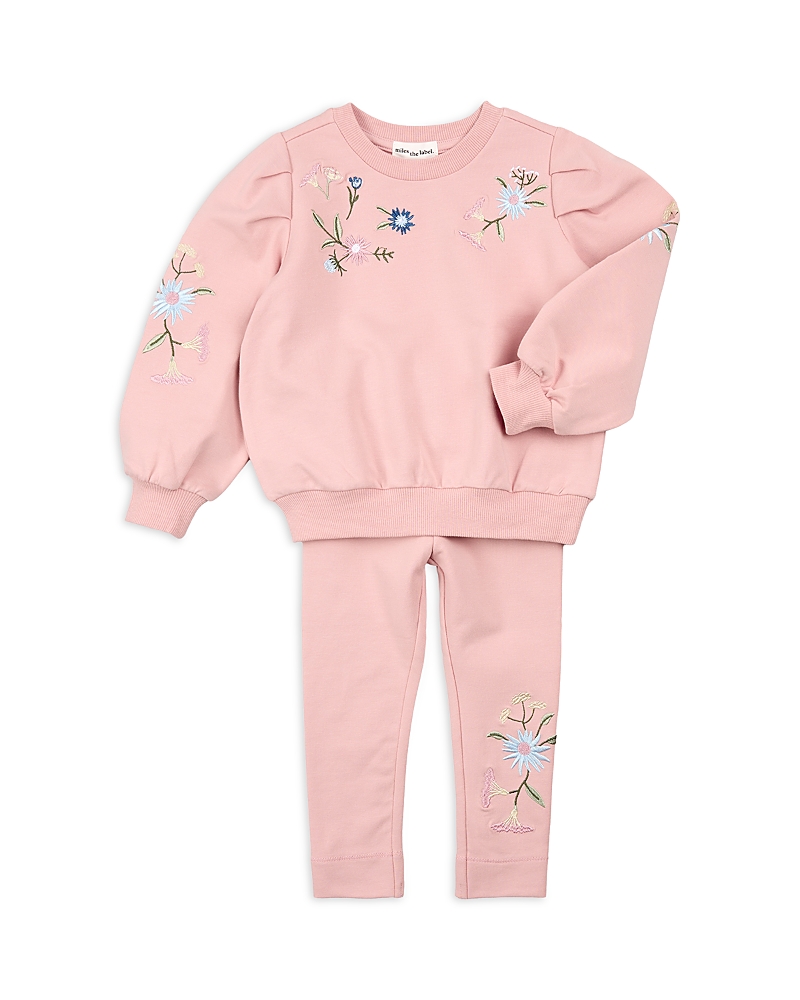 Miles The Label Girls' Floral Embroidery Sweatshirt & Leggings Set - Little Kid In Pink