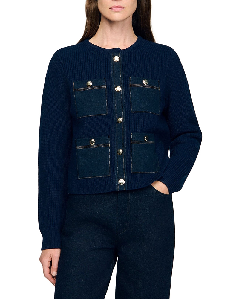 Sandro Alexandre Denim Trim Cardigan In Blue