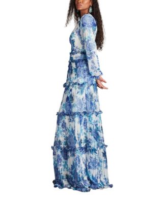  Atlas Pleated Floral Print Gown