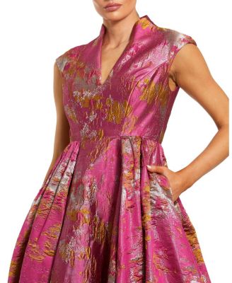 Metallic Jacquard Ball Gown with Notched Collar