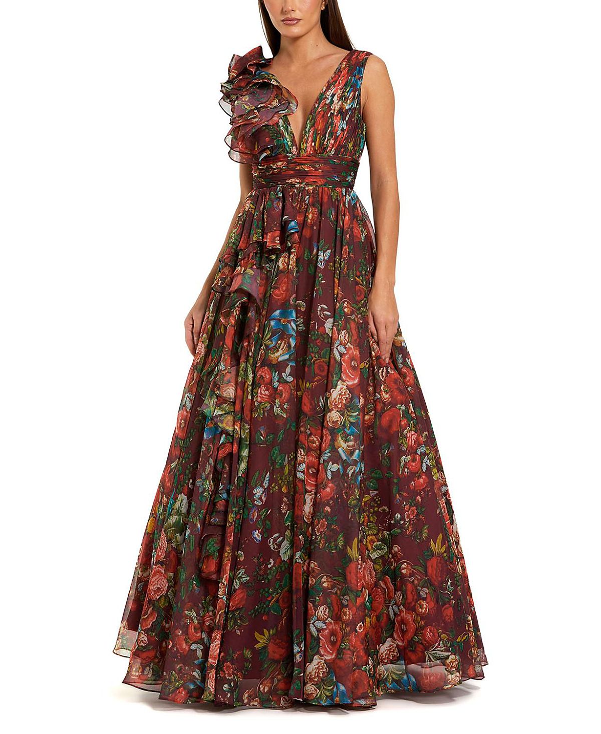 Mac Duggal Ruffle Shoulder V-Neck Printed Chiffon Gown