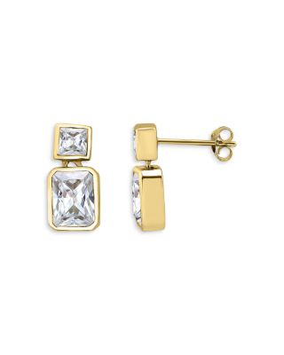 Cubic Zirconia Drop Earrings in Sterling Silver or 18K Yellow Gold Plated Sterling Silver, 0.6"L - Exclusive