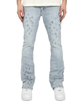 Flare Straight Fit Mono Embossed Jeans in Light Indigo