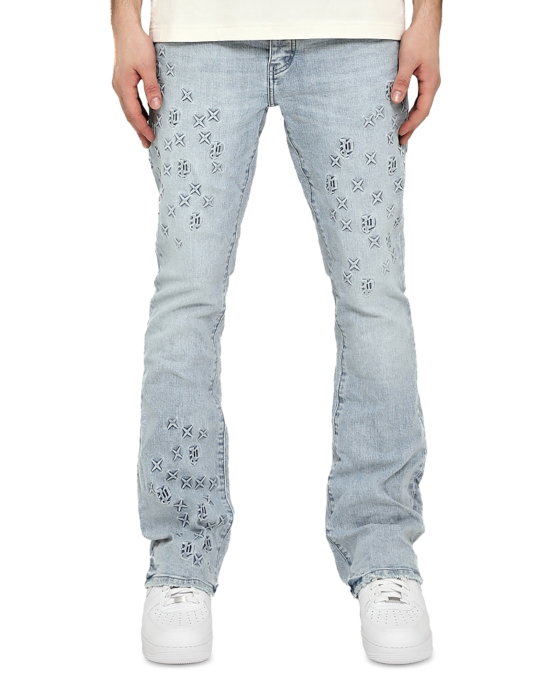 Purple Brand Flare Mono Embossed Jeans in Light Indigo