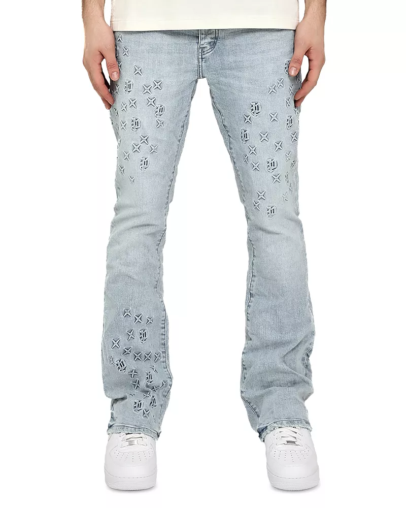 Purple Brand Flare Mono Embossed Jeans in Light Indigo