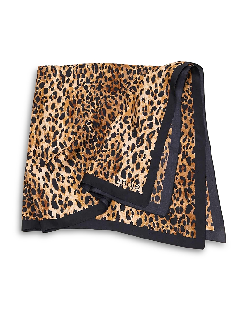 Maje Leopard Print Square Silk Scarf In Brown