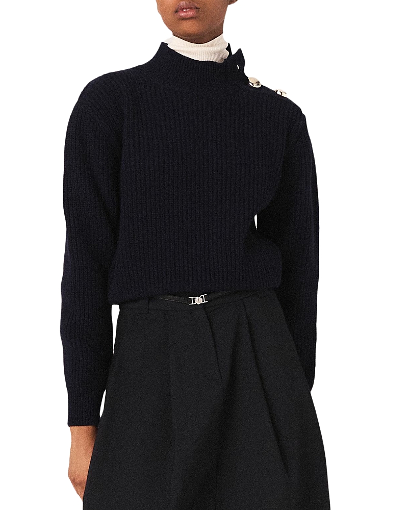 Maje High-neck Button-detail Sweater In Blue