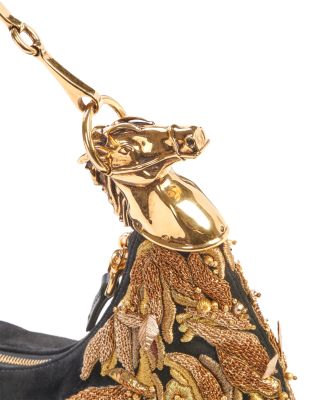 Chain Horse Embroidered Suede Shoulder Bag