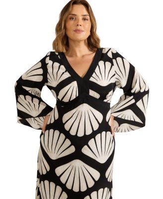  Shell Print Flared Sleeve V-Neck Dress