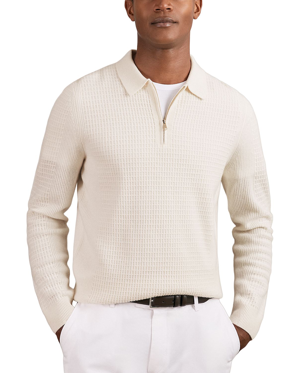Reiss Hamilton Long Sleeved Half Zip Square Textured Wool Polo Shirt