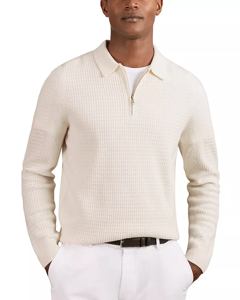 Reiss Hamilton Long Sleeved Half Zip Square Textured Wool Polo Shirt