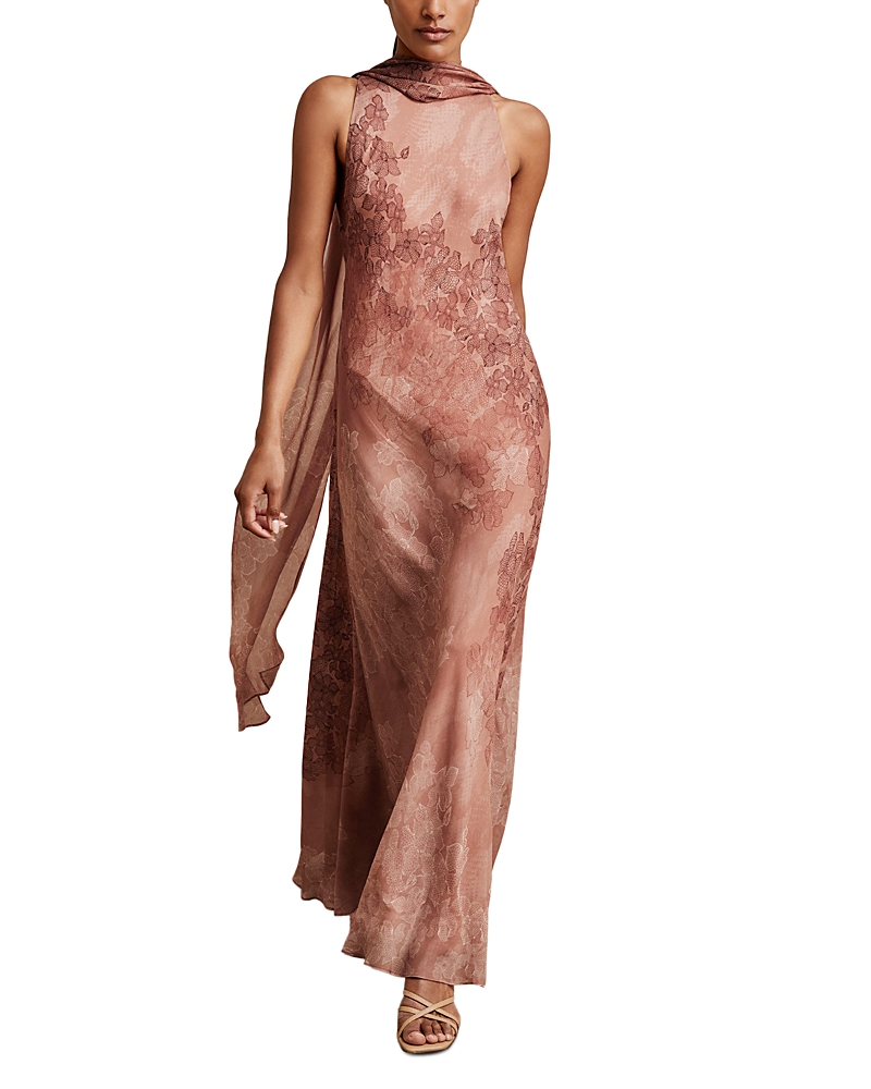 Reiss Pale Pink Chiffon Floral Cape Maxi Dress In Pink