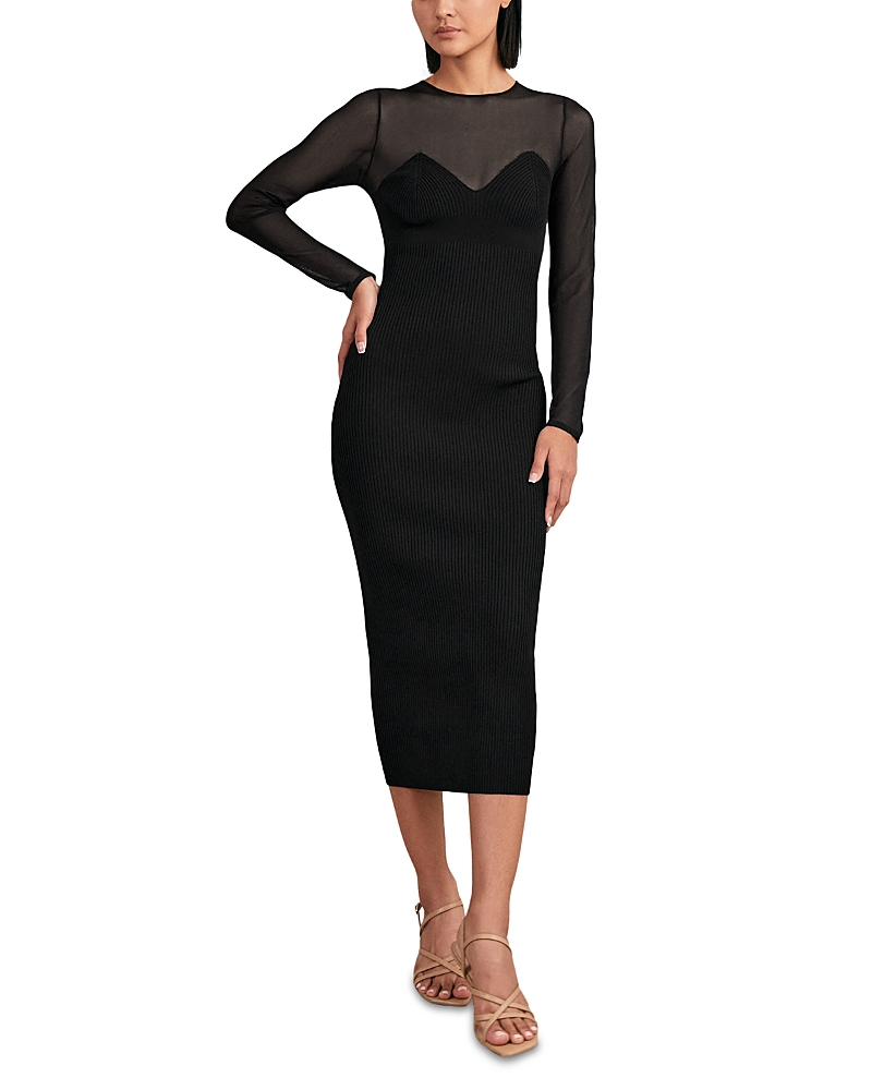 Reiss Womens Black Lila Sheer-sleeve Slim-fit Stretch-knit Midi Dress In Black