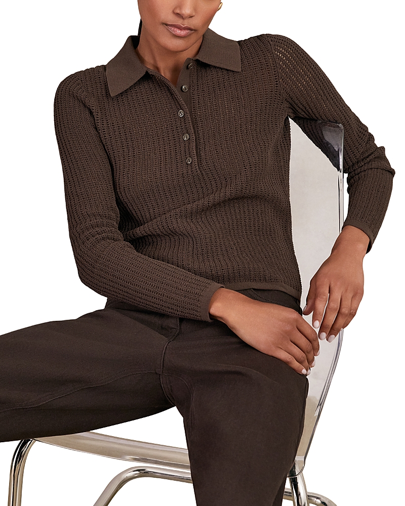 Reiss Chocolate Brown Open-knit Long-sleeve Polo Top In Brown