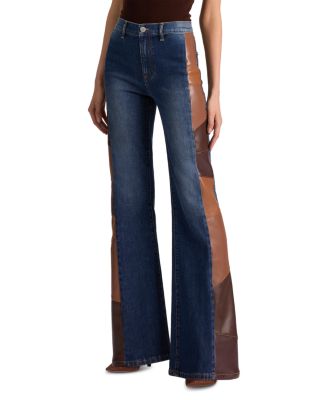 High Rise Faux Leather Patchwork Flare Jeans in Darby Vintage Blue