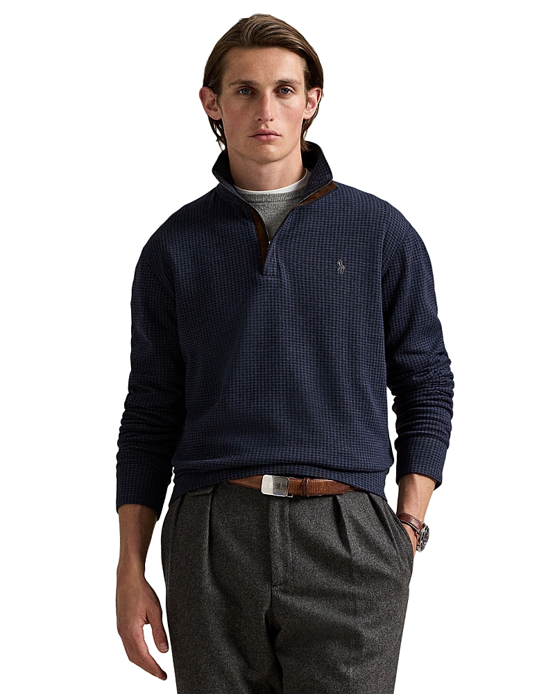 Polo Ralph Lauren Houndstooth Luxury Cotton Blend Quarter Zip Pullover In Blue