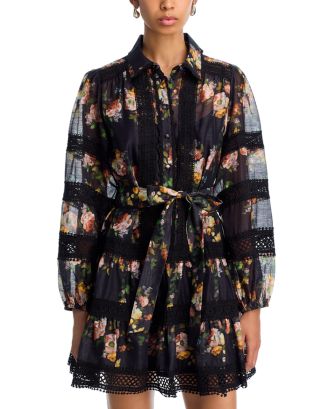 Aqua Rose Lace Inset Long Sleeve Mini Dress - exclusive - Black Multi - S