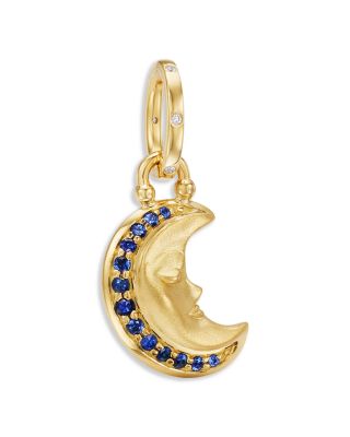 18K Yellow Gold FJ Blue Sapphire & Diamond Crescent Moon Pendant