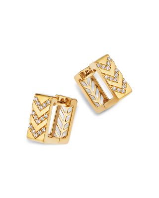 Diamond Chevron Square Huggie Hoop Earrings in 14K Yellow Gold, 0.16 tcw