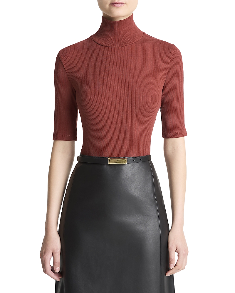 Vince Elbow Sleeve Turtleneck Top In Brown