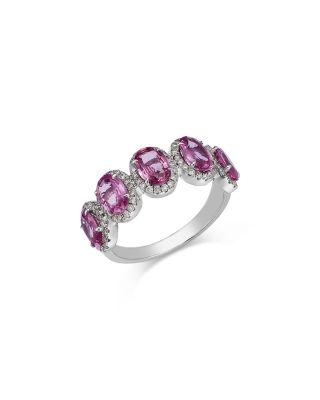 Pink Sapphire & Diamond Multi Stone Halo Ring in 14K White Gold