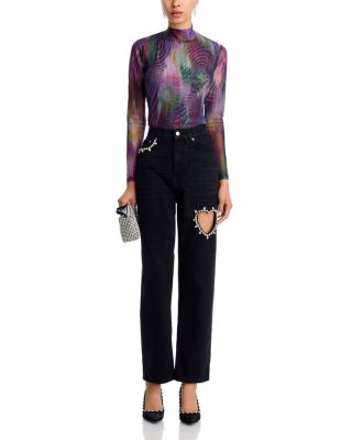 Crystal Heart High Rise Straight Leg Jeans in Black