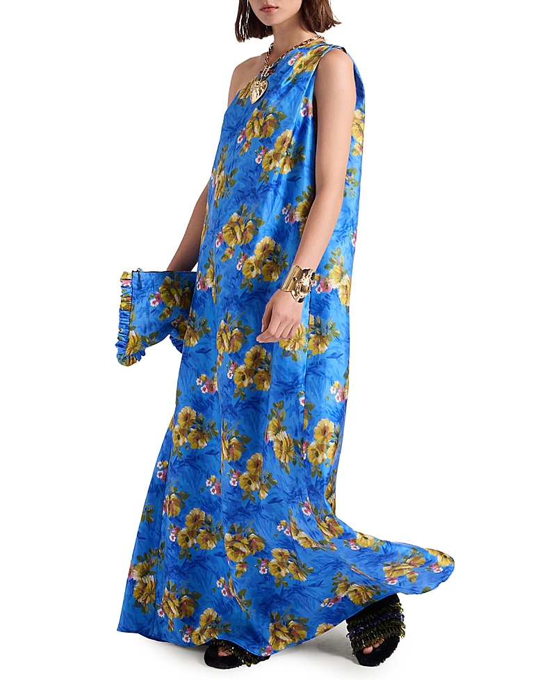 La Doublej Roy One-shoulder Belted Floral-print Silk-twill Maxi Dress In Blue