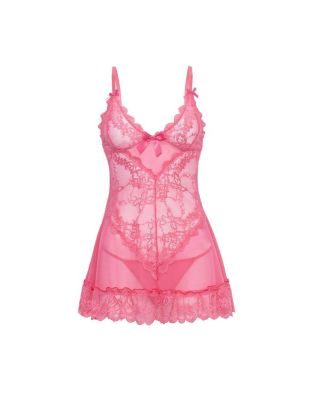 Plus Valentine Soft Cup Lace Babydoll with Bows and G-string Panty