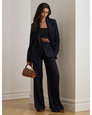 Pinstripe Wool Blend Twill Wide Leg Pant