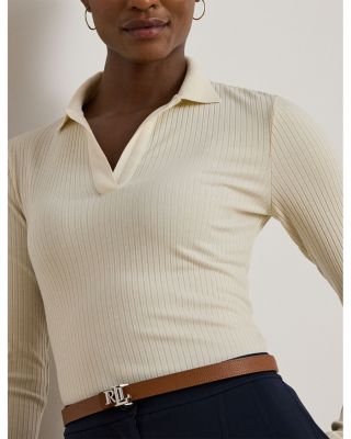 Rib Knit Long Sleeve Polo Top