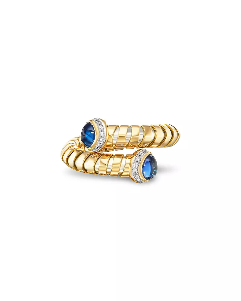 Marina B Blue Sapphire Cabochon & Diamond Pave Bypass Ring in 18K Yellow Gold