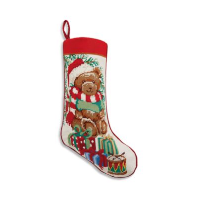 Teddy Bear Embroidered Needlepoint Stocking