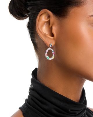 Ruby, Emerald & Rainbow Sapphire Doorknocker Drop Earrings in 14K White Gold