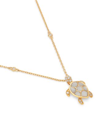 Mother of Pearl & Diamond Turtle Pendant Necklace in 14K Yellow Gold