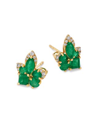 Emerald & Diamond Flower Cluster Stud Earrings in 14K Yellow Gold