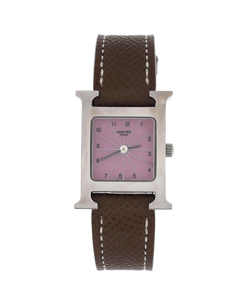 Pre-owned Pre-owned Hermes Hermes Heure H Quartz Watch In Stainless Steel And Leather 17mm In Pink