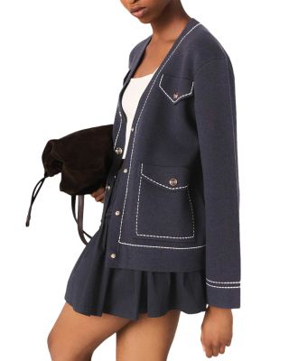 Long Topstitched Knit Cardigan Sweater