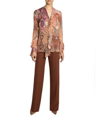 Sienna Long Sleeve Blouse with Neck Tie in Printed Charmeuse