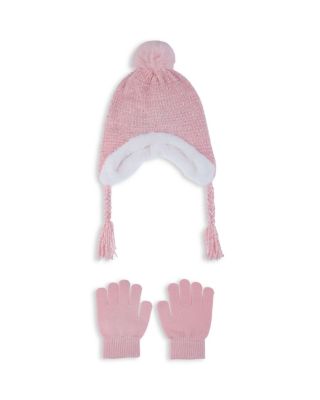 Girls' Chunky Chenille Knit Earflap Hat With Faux Fur Lining & Gloves Set - Little Kid, Big Kid