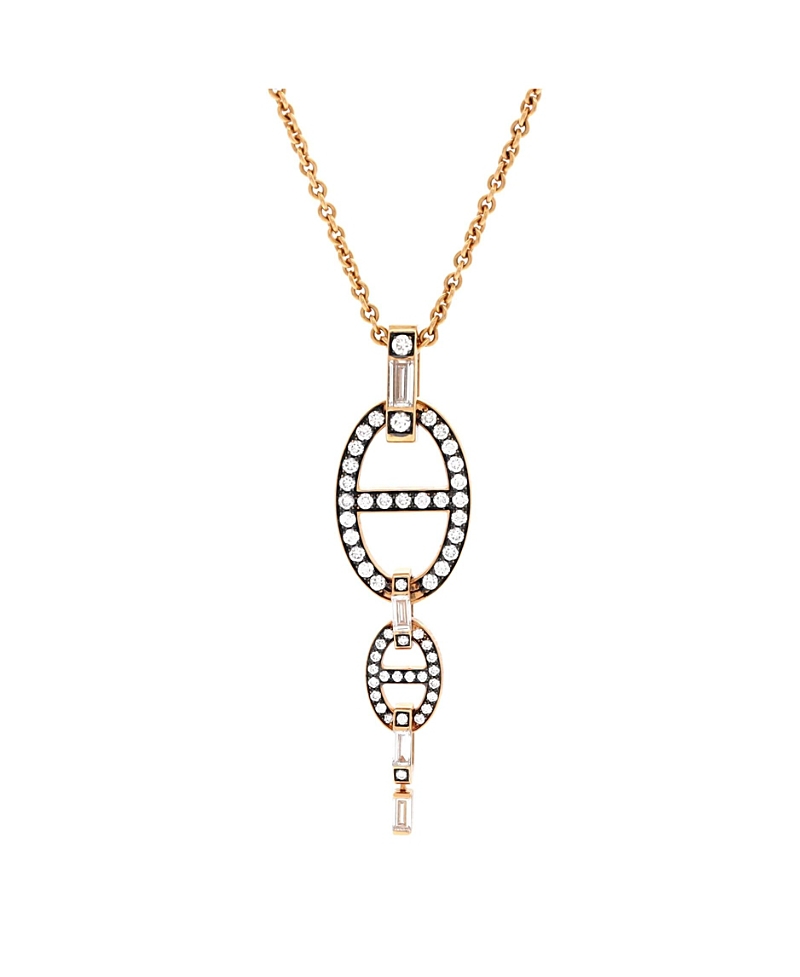 Pre-owned Pre-owned Hermes Hermes Double Chaine D'ancre Baguette Cut Pendant Necklace 18k Rose Gold With Diamonds